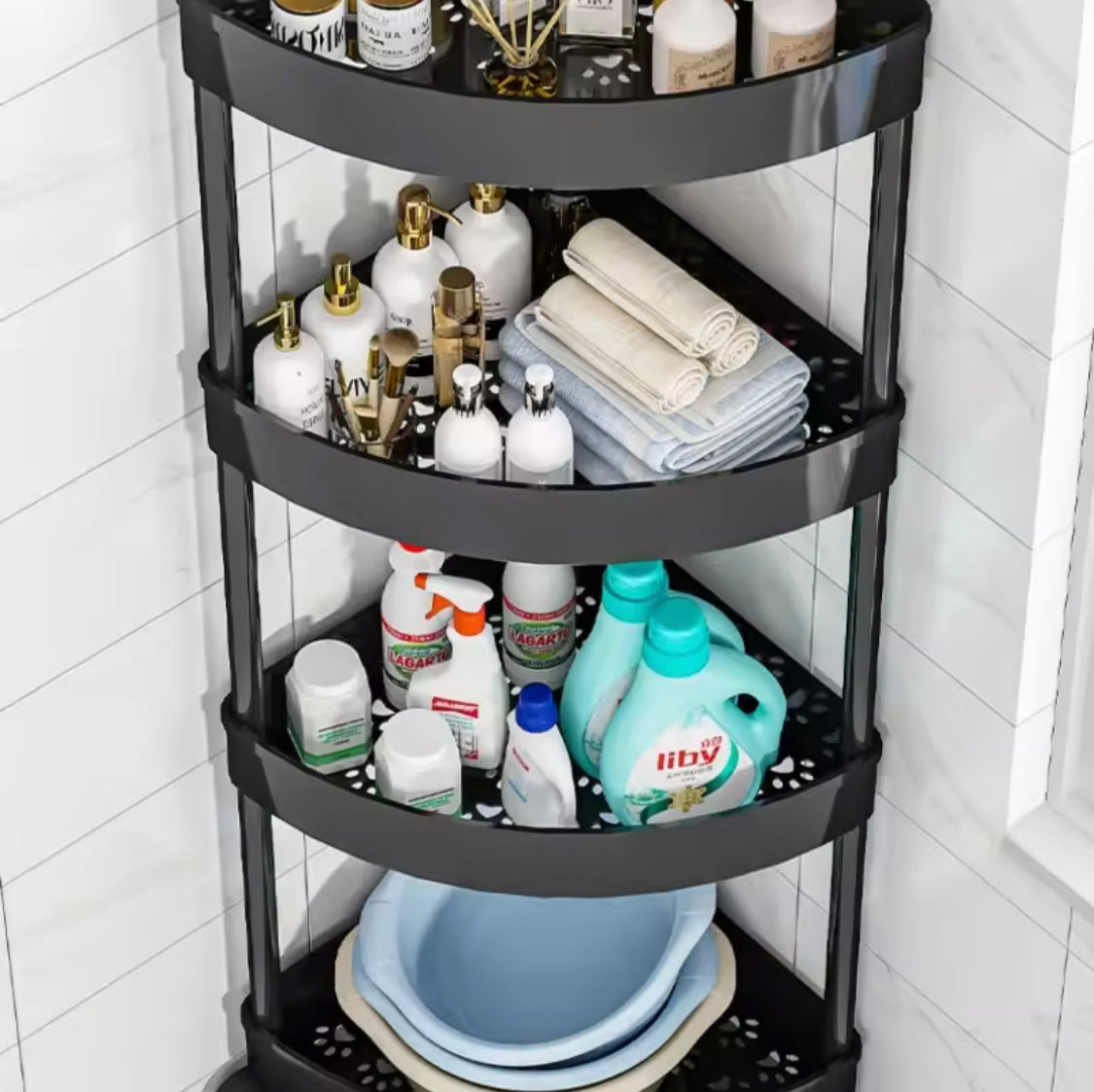 4 Layer Storage Rack, Multipurpose Floor Corner Rack, Movable Bathroom Corner Shelf 4 Layer Storage Rack, Multipurpose Floor Corner Rack, Movable Bathroom Corner Shelf